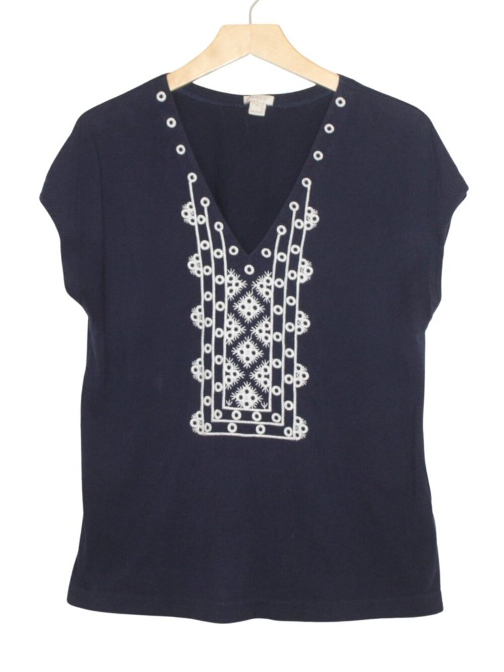 J.Crew navy embroidered bohemian peasant coastal top short sleeve v-neck